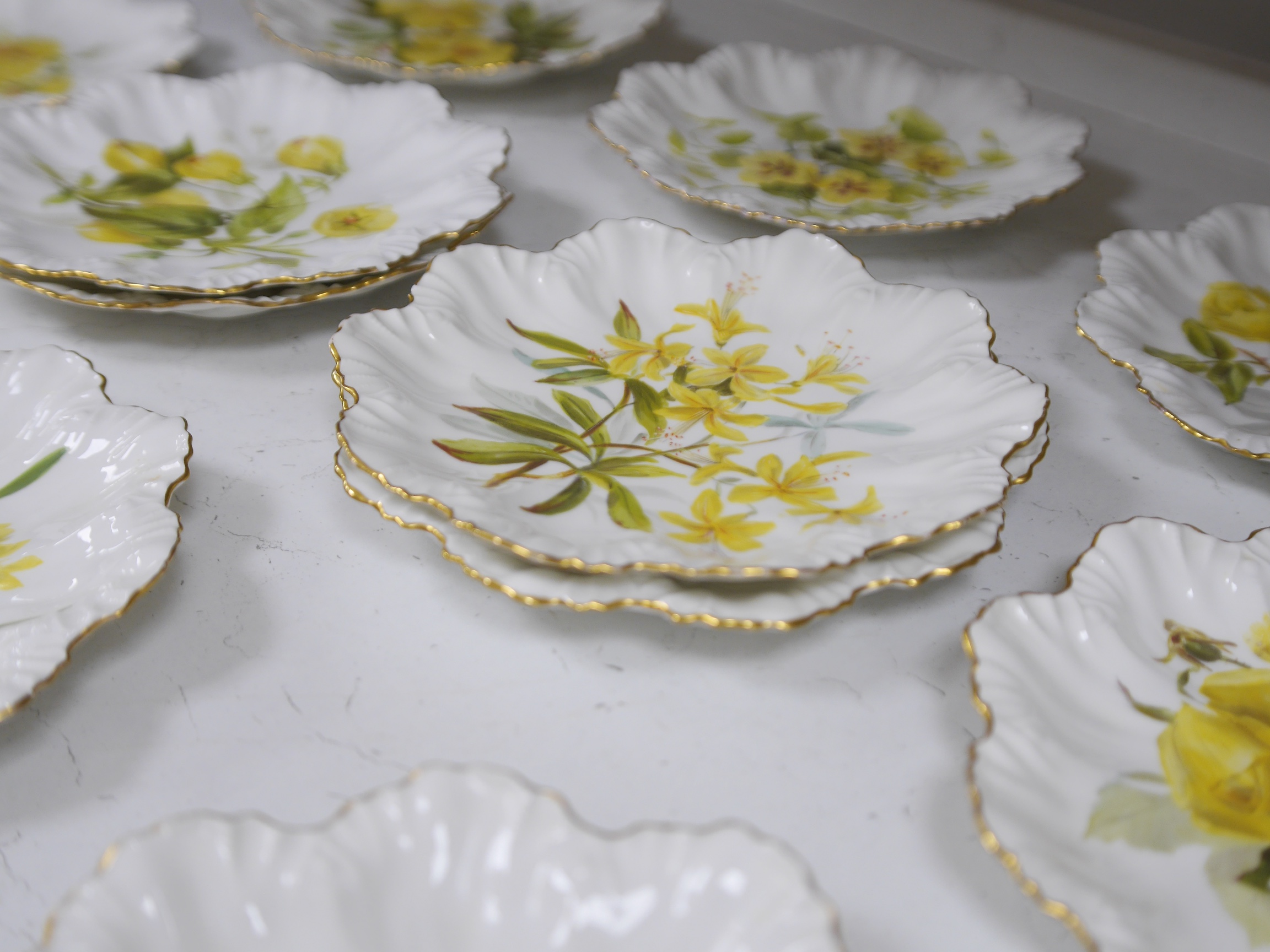 Twelve Limoges floral decorated plates possibly from a dessert service. 23cm diameter. Condition - some gilding and pattern worn